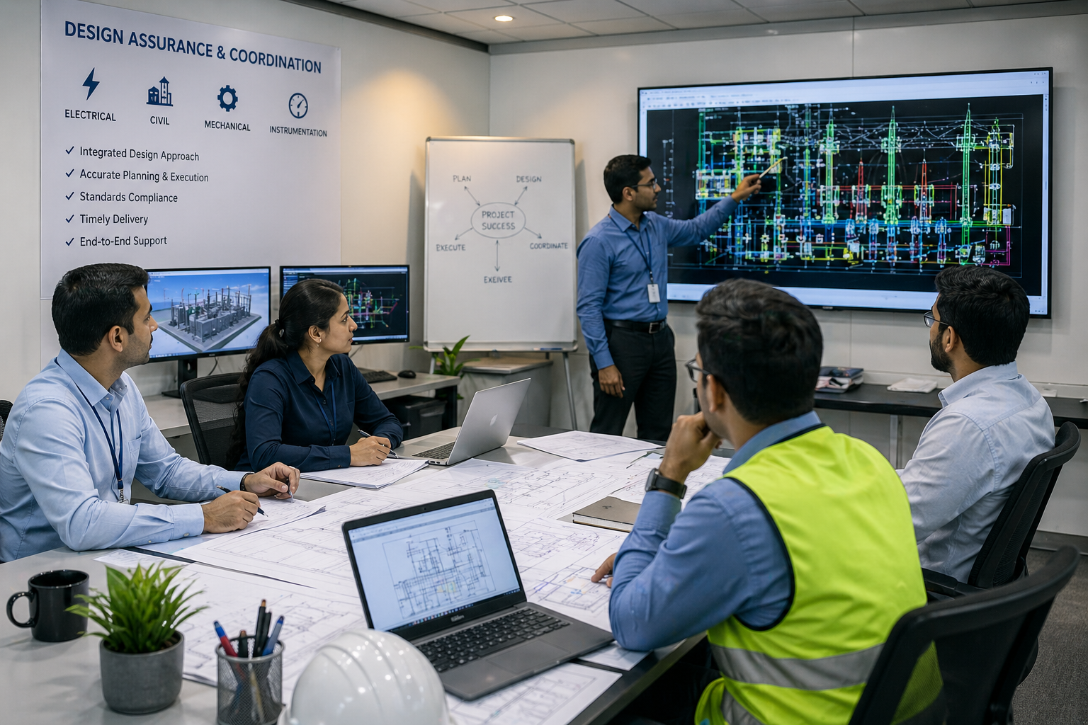 Electrical engineering team coordinating design and project planning