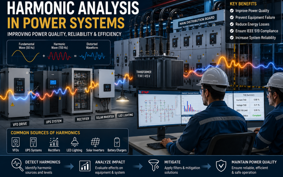 Harmonic Analysis in Power Systems showing electrical harmonics, power quality monitoring, transformers, switchgear, and industrial electrical equipment.