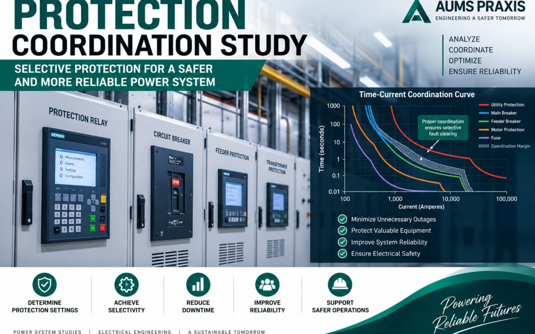 Protection Coordination Study showing electrical protection devices, circuit breakers, relays and time-current coordination