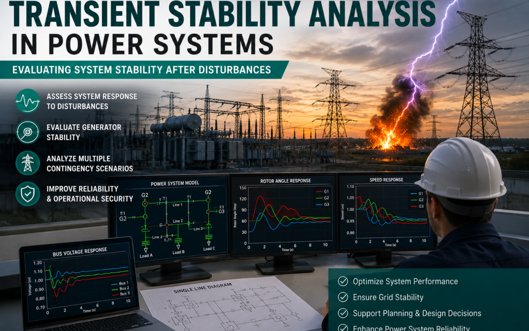Transient Stability Analysis in power systems showing electrical grid, generator stability, disturbance response and system reliability